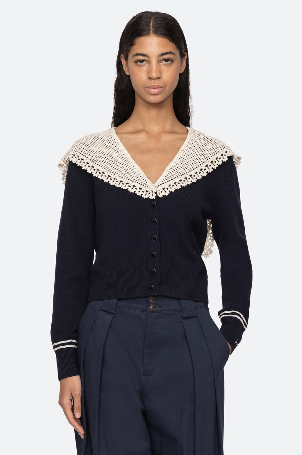 Marie Knit Embroidery L/Slv Cardigan Navy