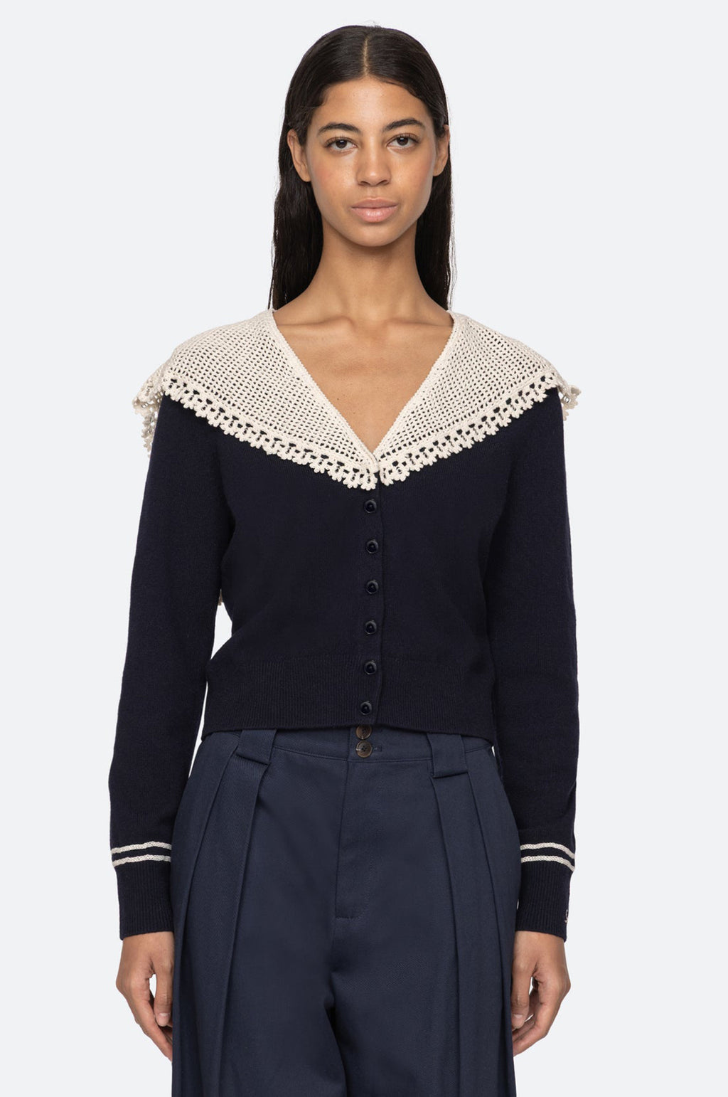 Marie Knit Embroidery L/Slv Cardigan Navy