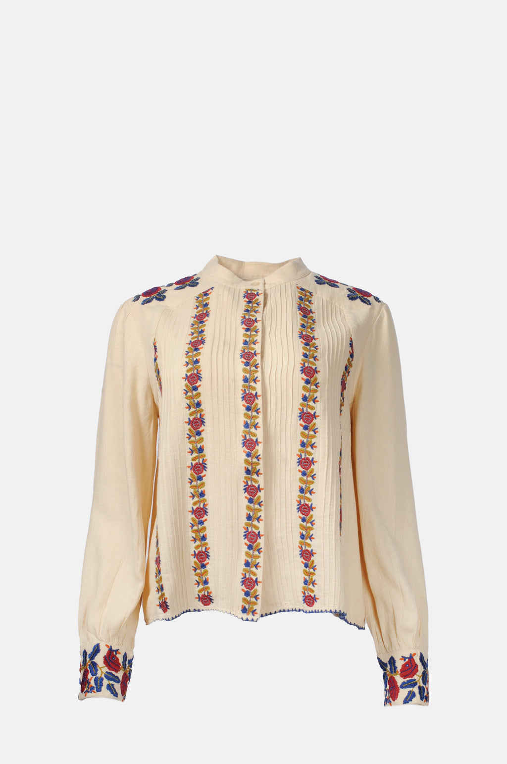 Sea New York Nan Silk Embroidery L Sleeve Pintucked Top Beige.