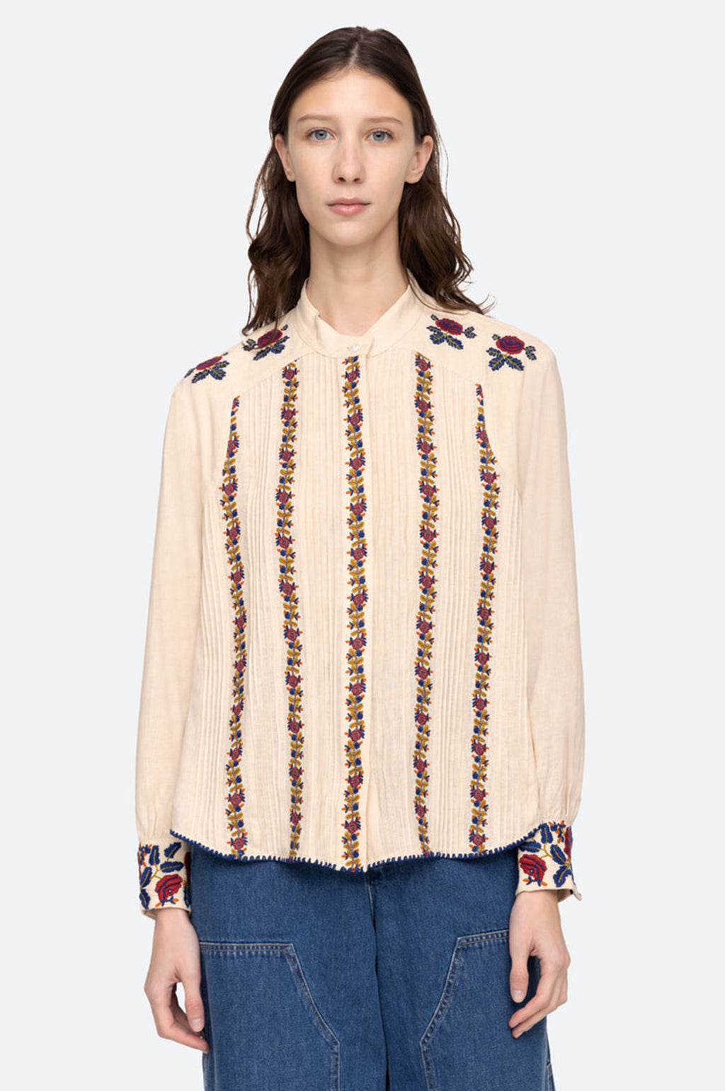 Nan Silk Embroidery L/Slv Pintucked Top Beige