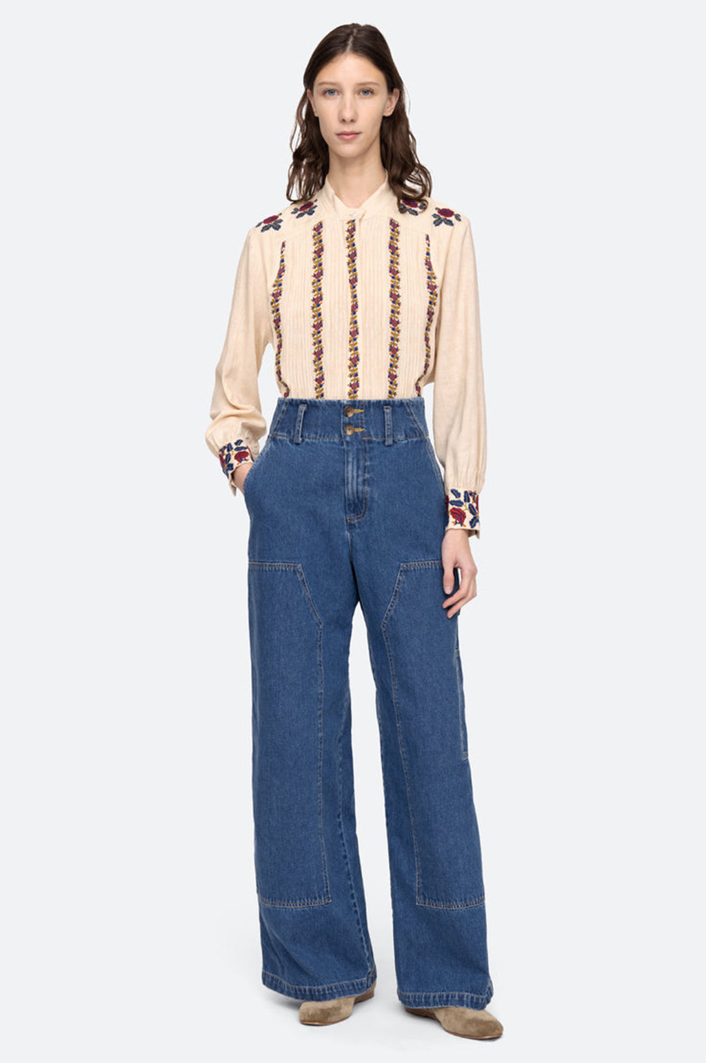 Nan Silk Embroidery L/Slv Pintucked Top Beige