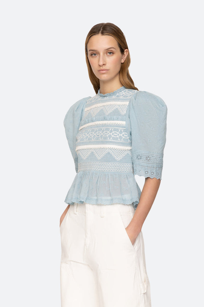 Olga Smocking Puff Slv Smocked Top Blue