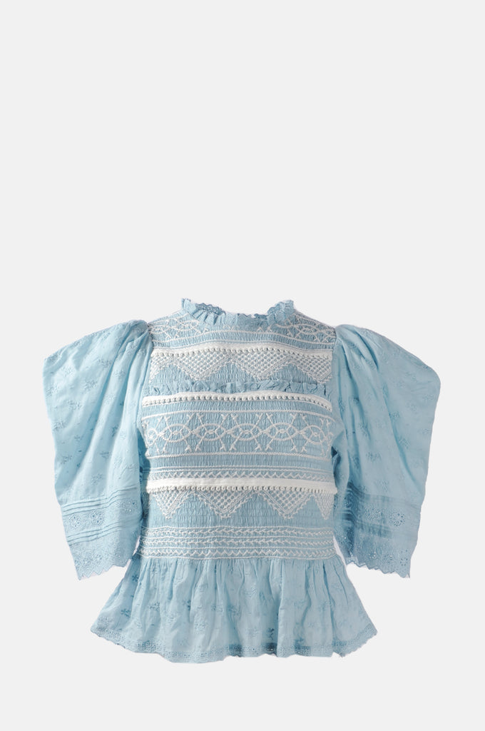 Olga Smocking Puff Slv Smocked Top Blue