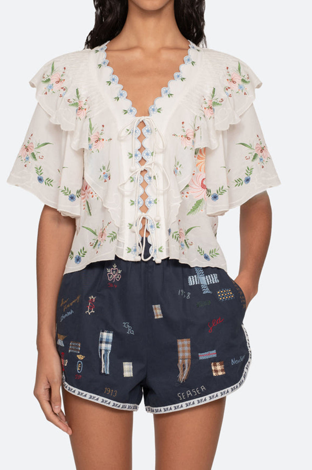 Serafina Embroidery S/Slv Top Cream