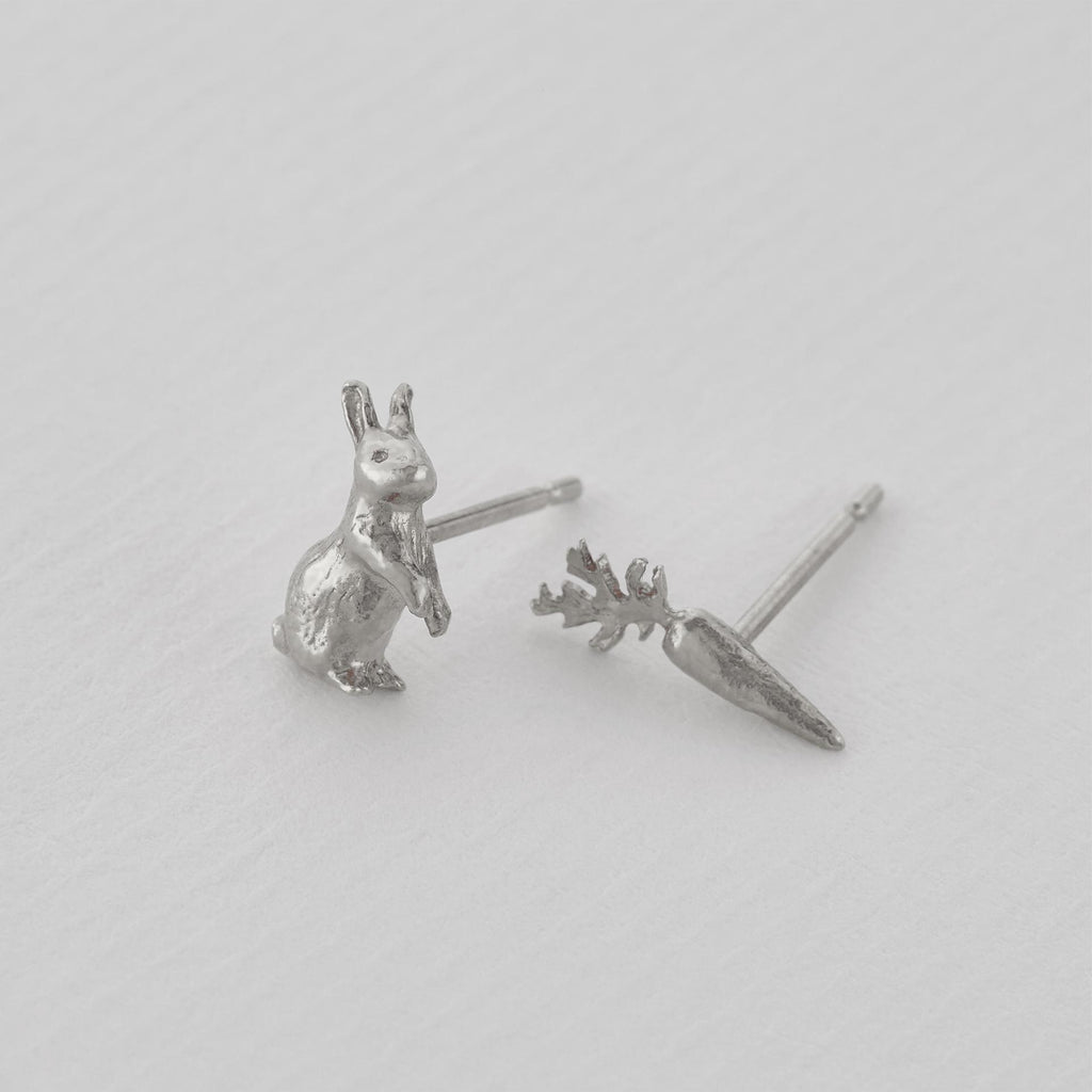 A.M. Rabbit & Carrot Asymetric Stud Earrings Silver