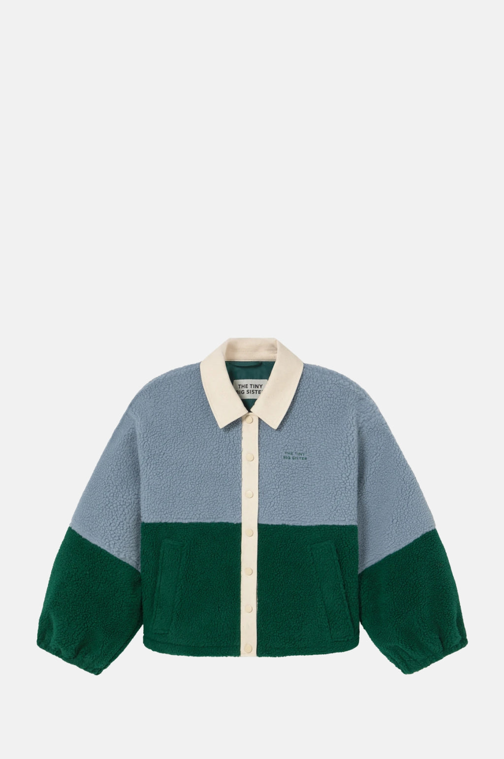 The Tiny Big Sister Color Blocked Sherpa Jacket Washed Blue/Dark Green.
