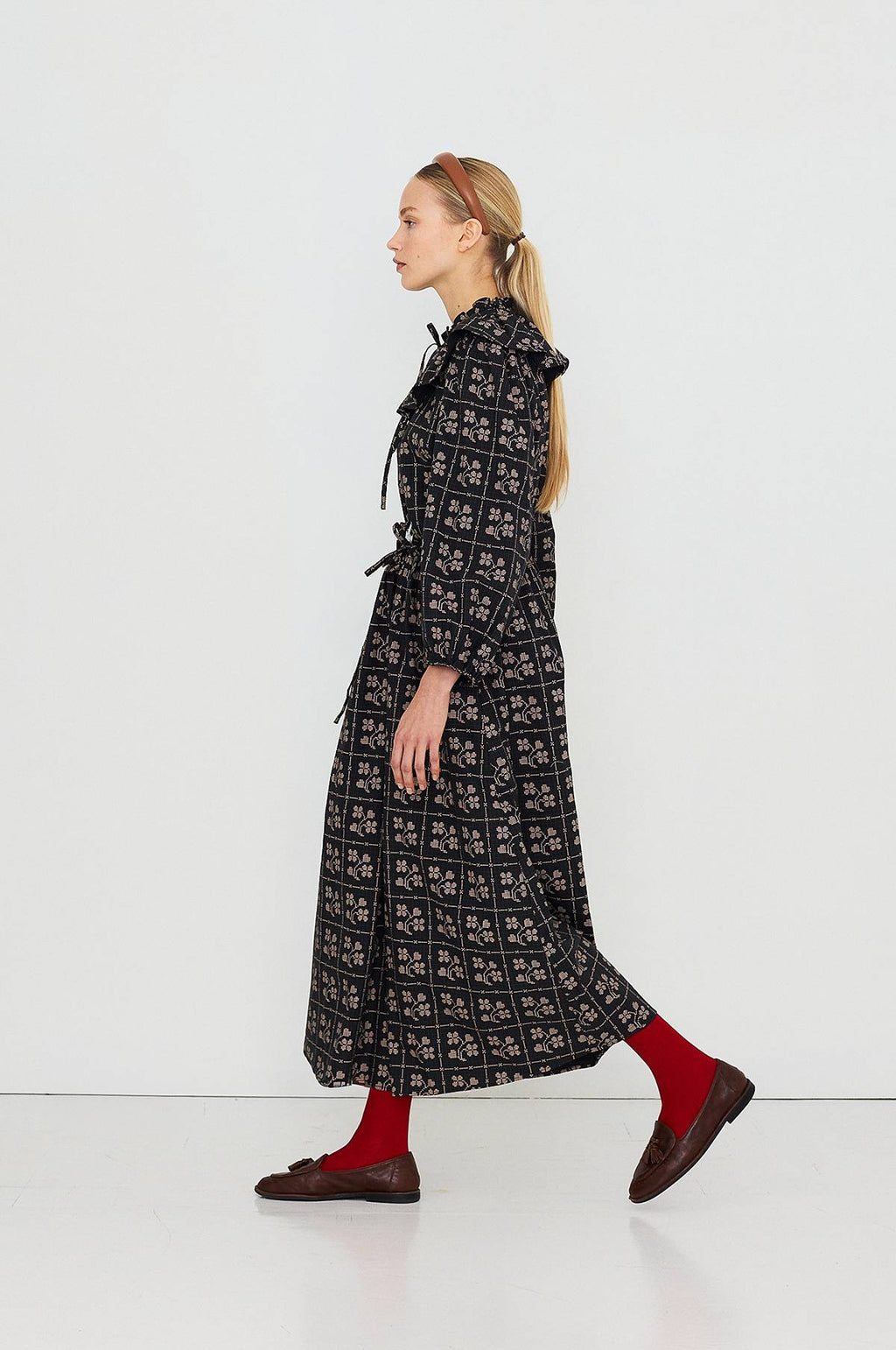 Dots Flowers Puff Sleeves Blouse Navy