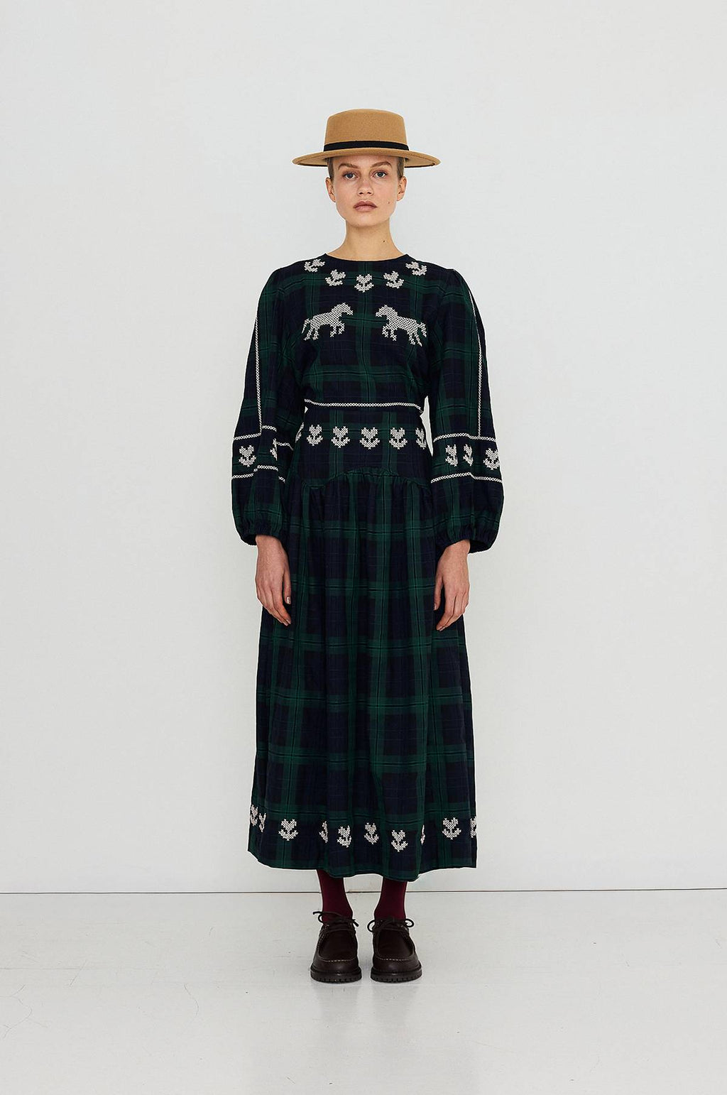 Embroidered Check Puff Sleeves Blouse Navy