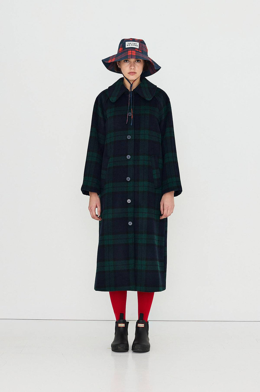 Long Check Coat Navy