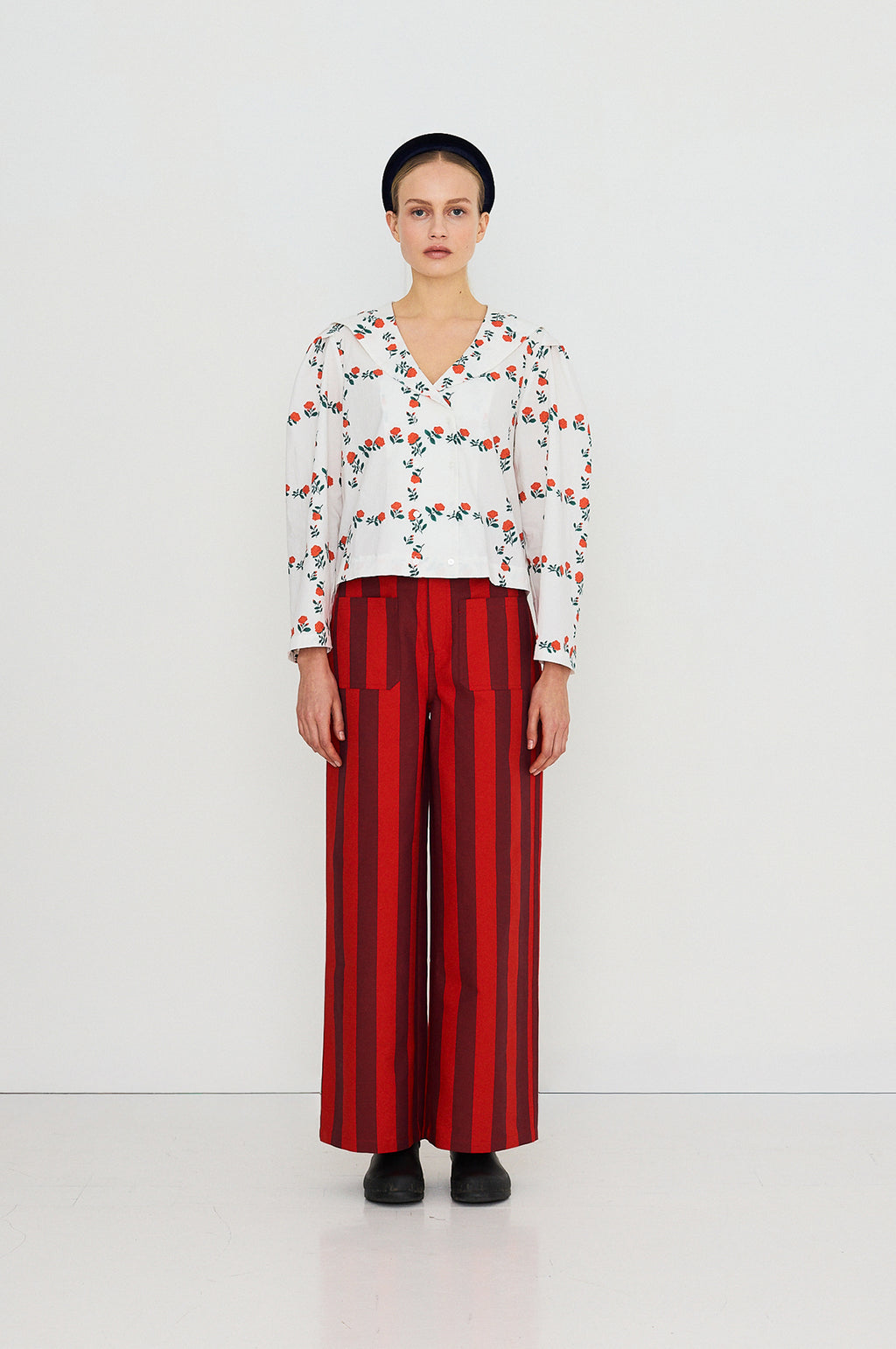 Roses Grid Sailor Neck Blouse Off White