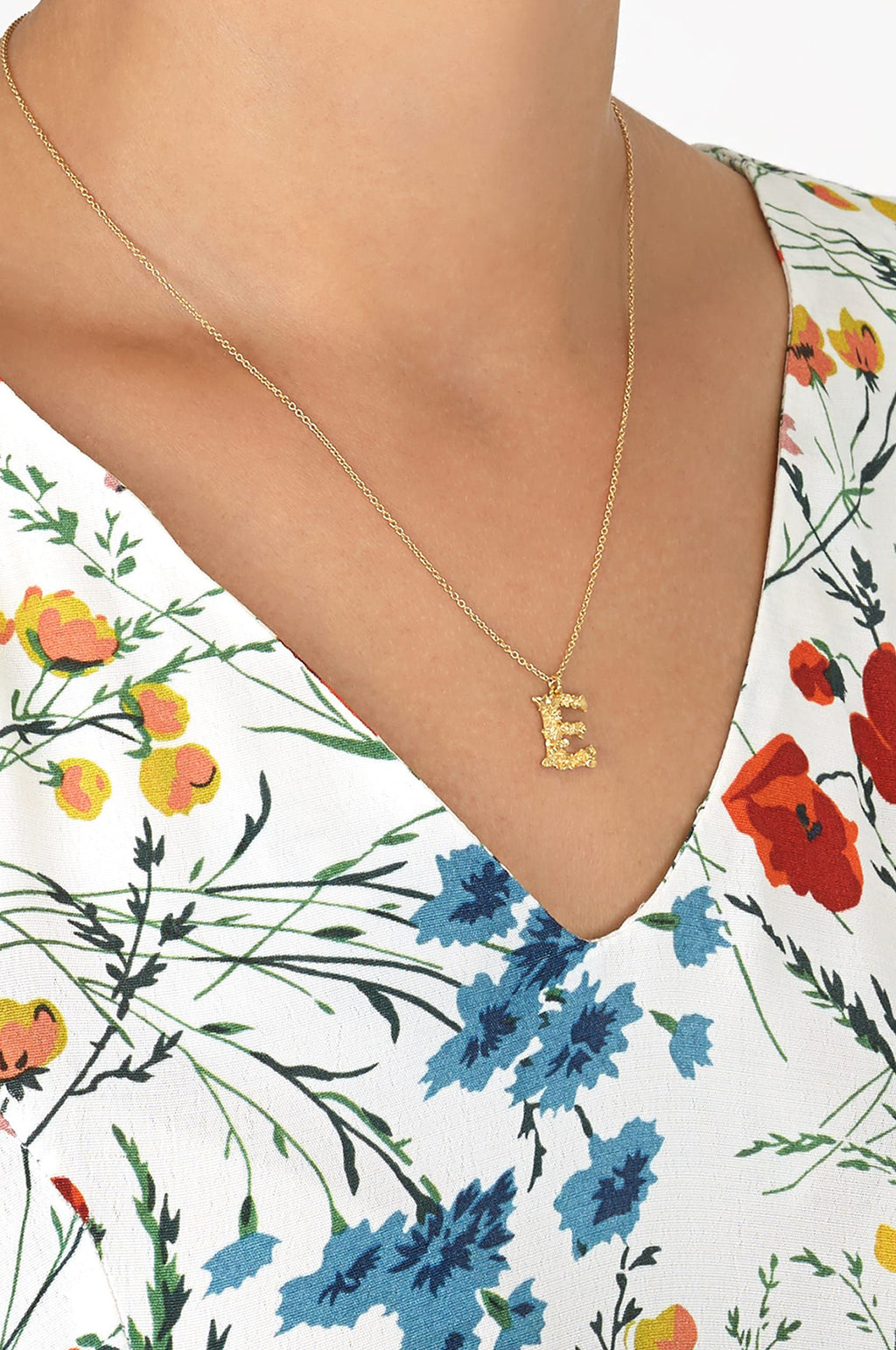 Floral Letter E Necklace Gold Plate