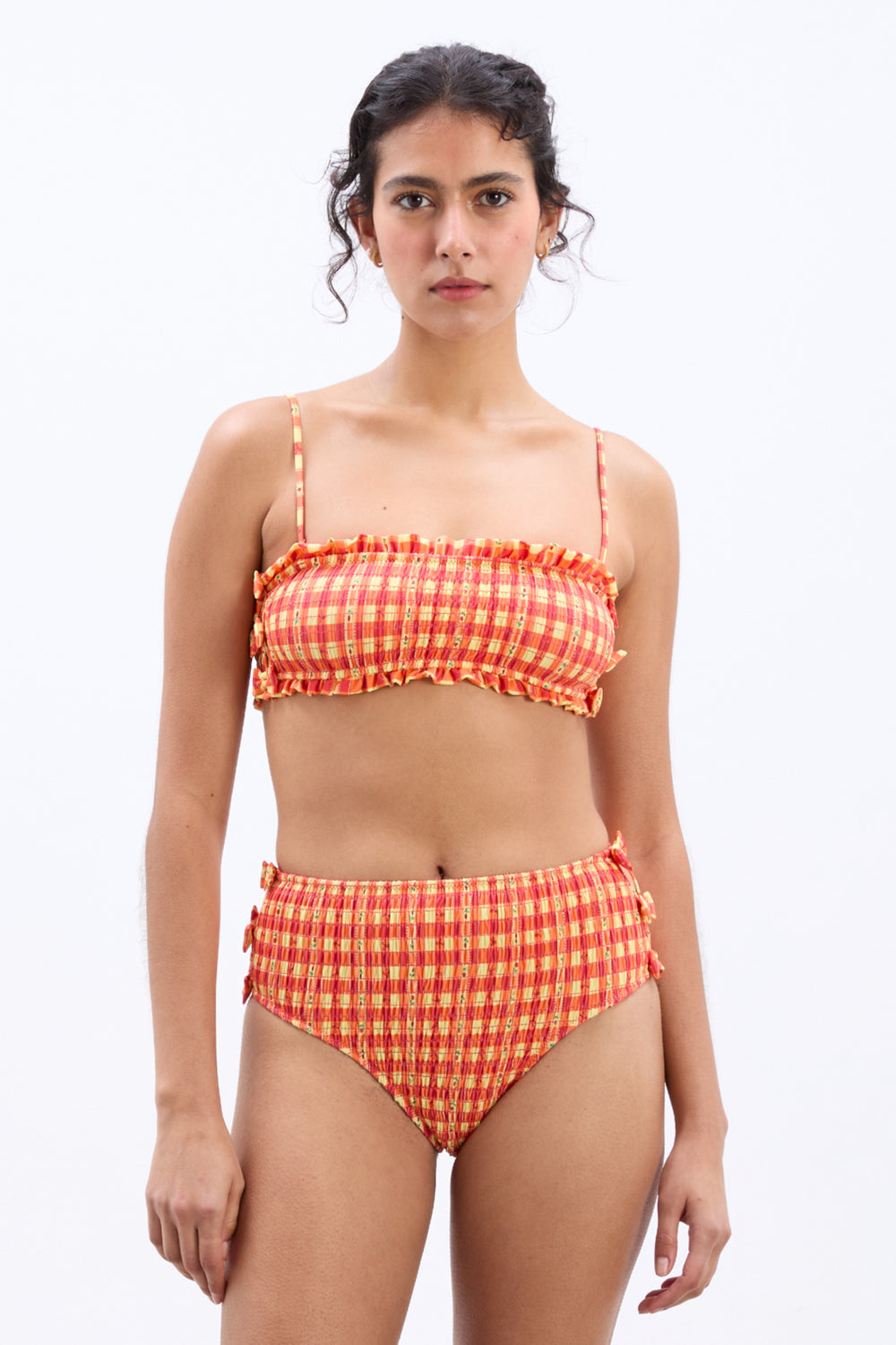 Shirred Bow High Bikini Bottoms Orange Gingham