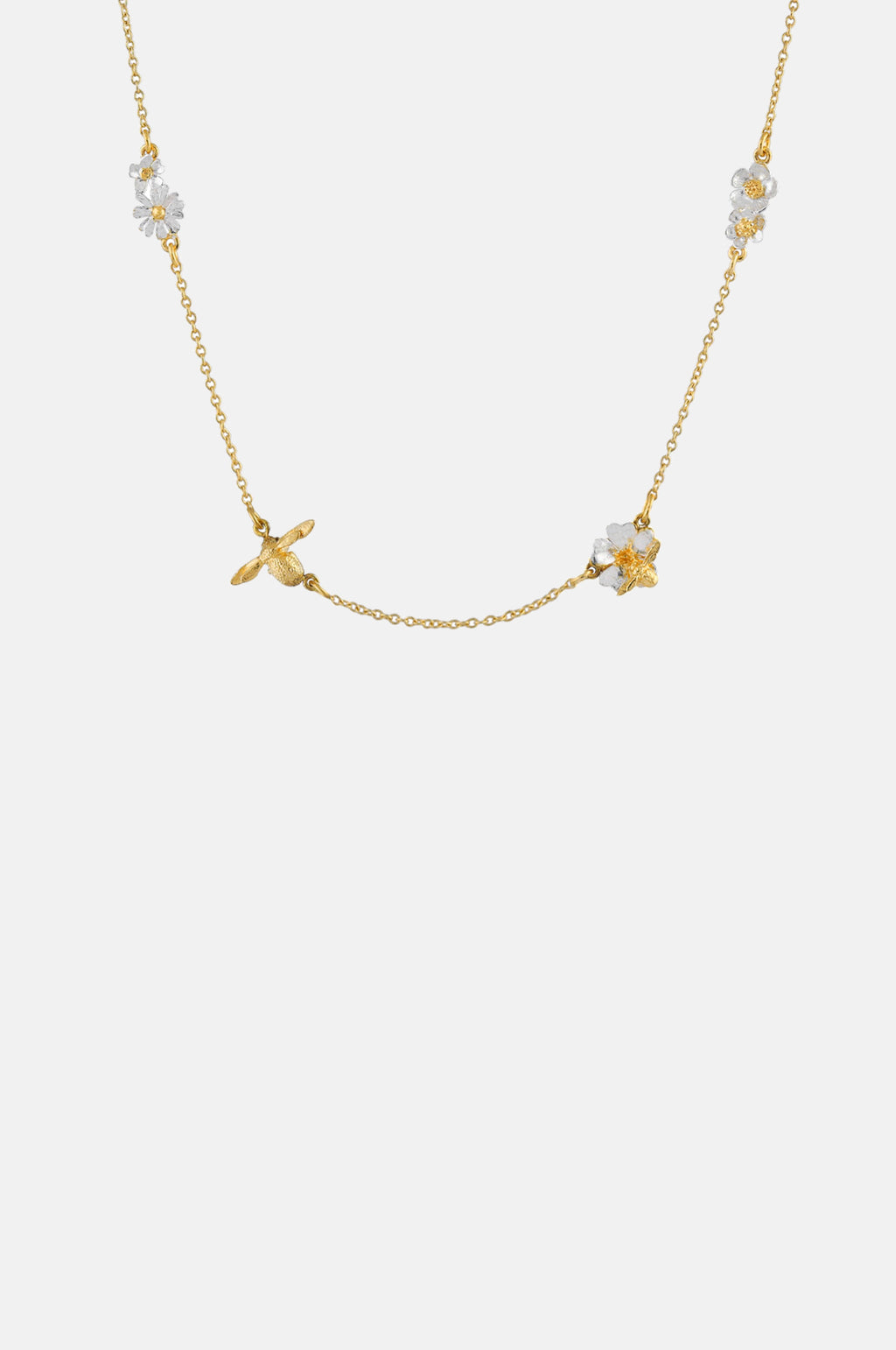 Alex Monroe Floral Chain Necklace with Teeny Tiny Bee Gold and Silver.