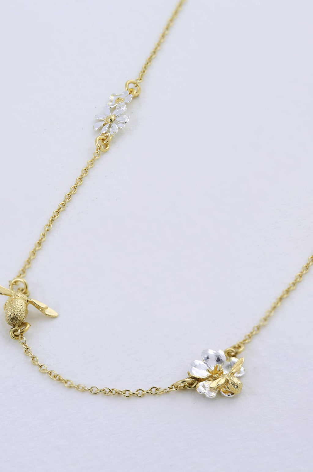 Floral Chain Necklace with Teeny Tiny Bee Gold and Silver