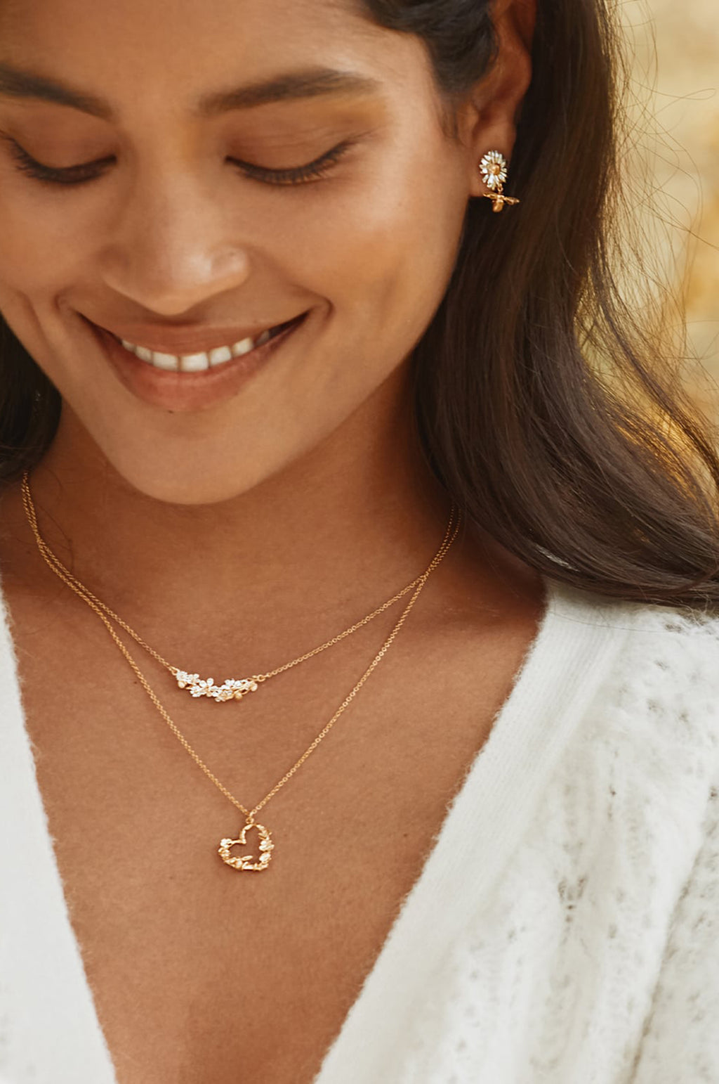 Floral Heart Necklace with Itsy Bitsy Bee Gold
