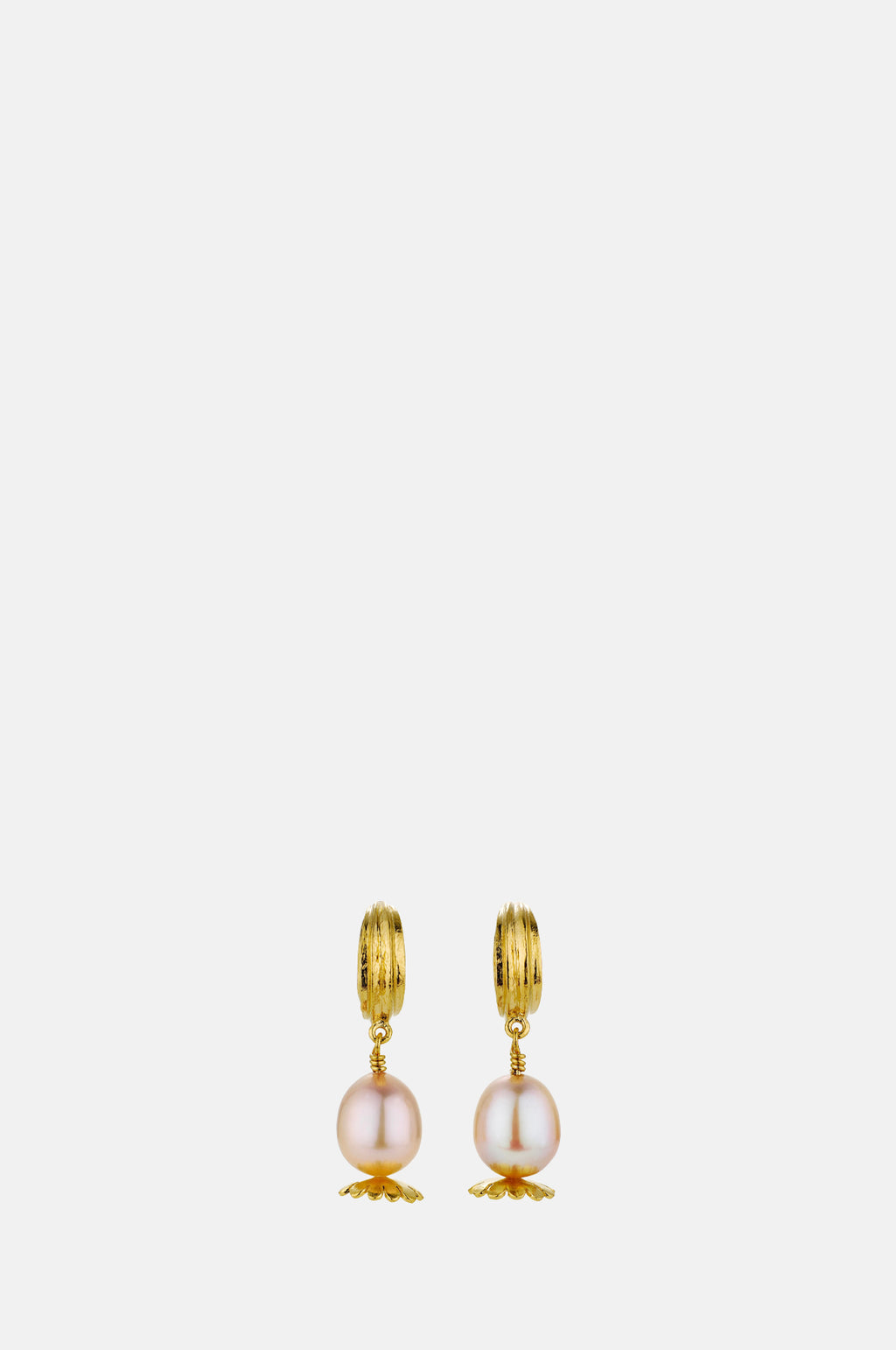 Alex Monroe Kissing Seed Head Huggie Hoop Pink Pearl Earrings Gold Plate.