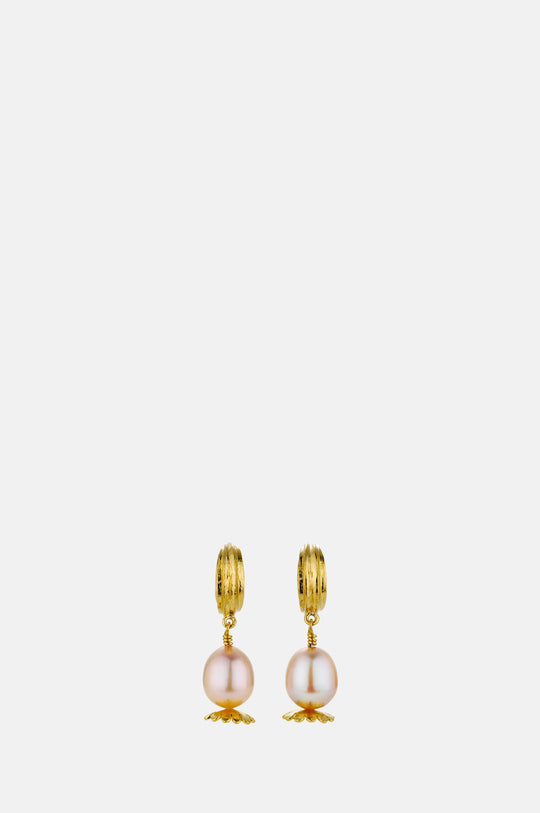 Kissing Seed Head Huggie Hoop Pink Pearl Earrings Gold Plate