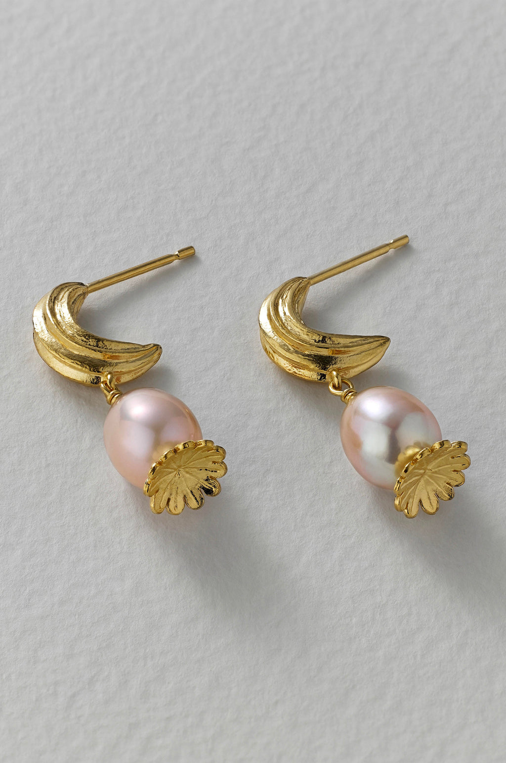 Kissing Seed Head Huggie Hoop Pink Pearl Earrings Gold Plate