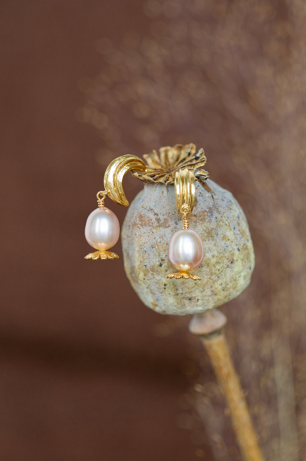 Kissing Seed Head Huggie Hoop Pink Pearl Earrings Gold Plate