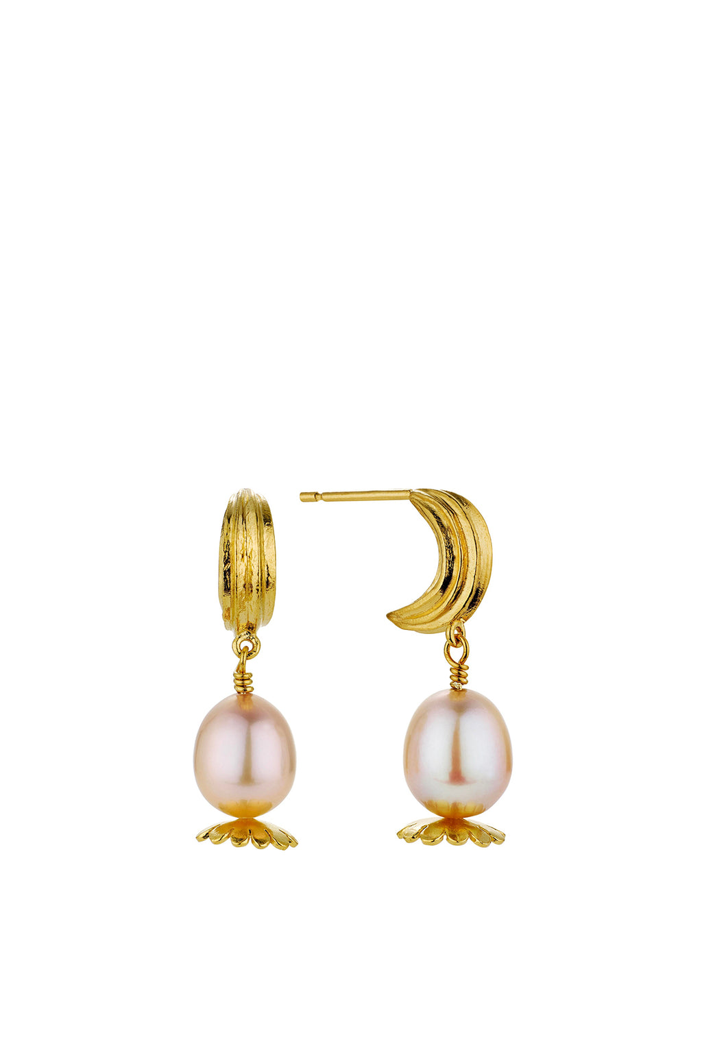 Kissing Seed Head Huggie Hoop Pink Pearl Earrings Gold Plate