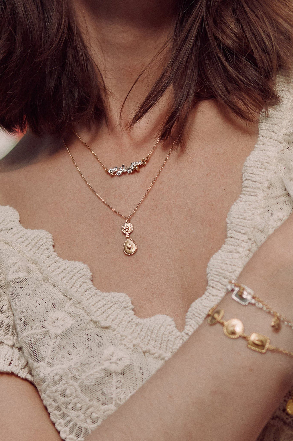 Love of Nature Heart & Flower Drop Necklace Gold