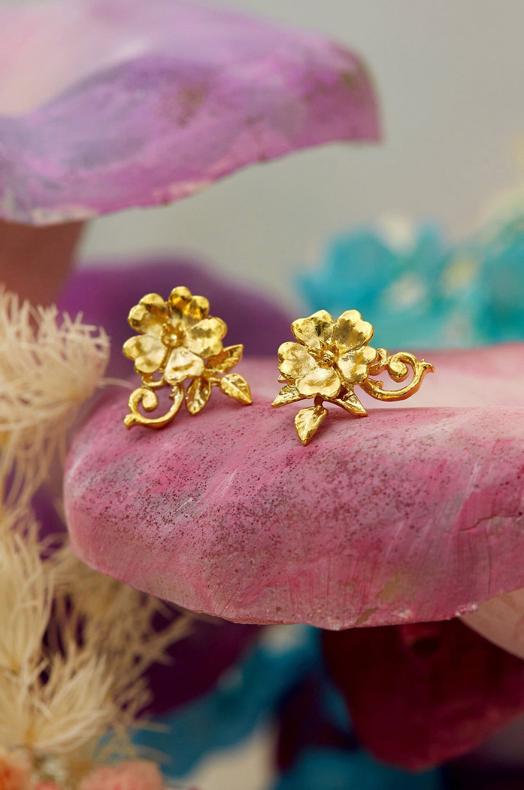 Ornate Rose Stud Earrings Gold