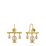 Poppy Head Chandelier Pink Pearl Drop Earrings Gold Plate