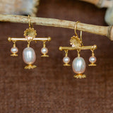 Poppy Head Chandelier Pink Pearl Drop Earrings Gold Plate