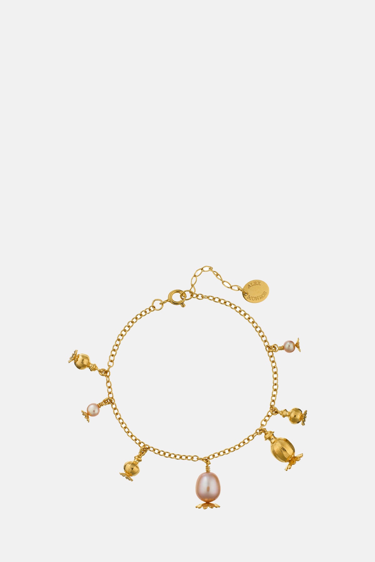 Alex Monroe Scattered Poppy Head Charm Pink Pearls Bracelet Gold Plate.