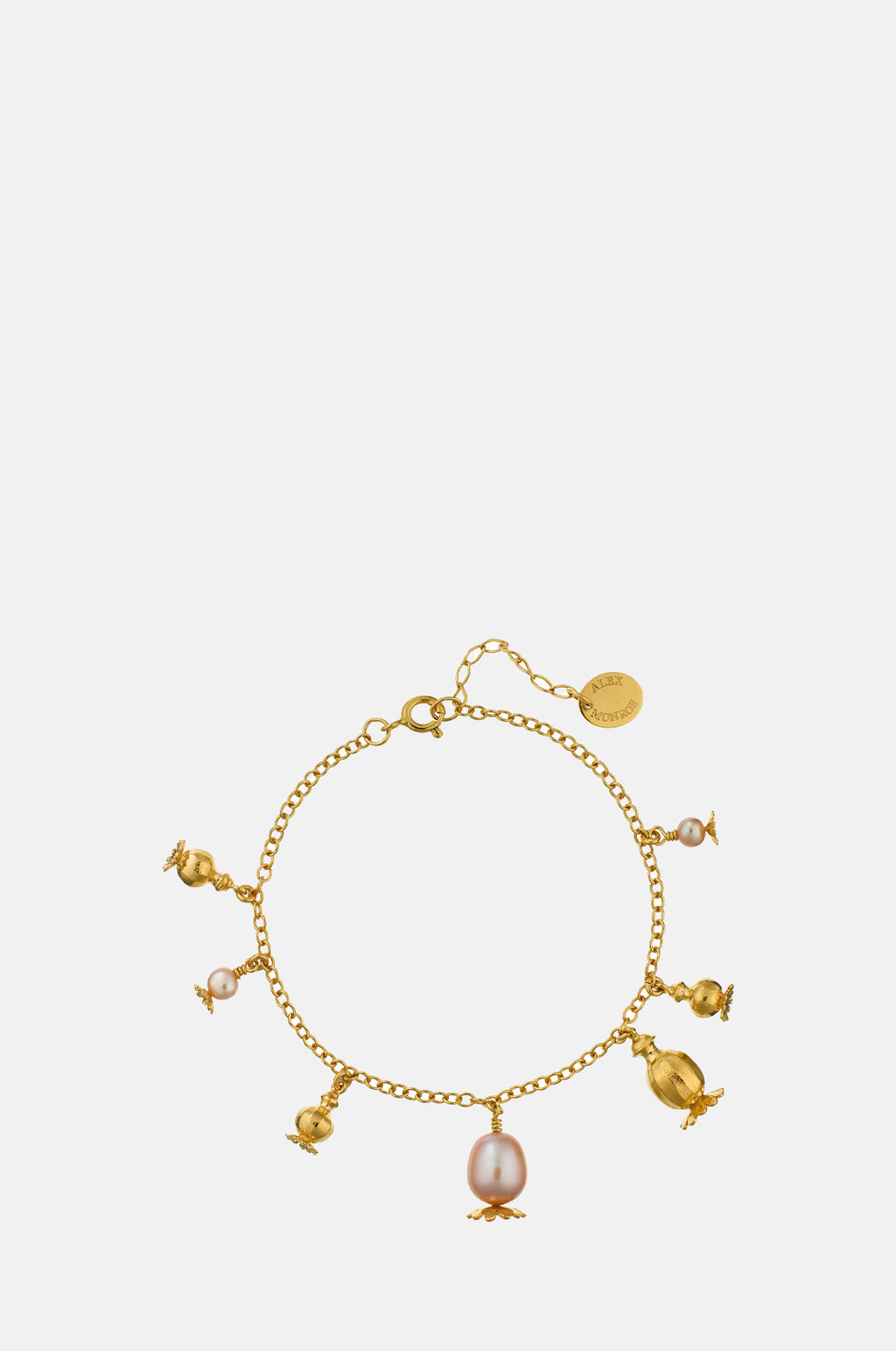 Alex Monroe Scattered Poppy Head Charm Pink Pearls Bracelet Gold Plate.