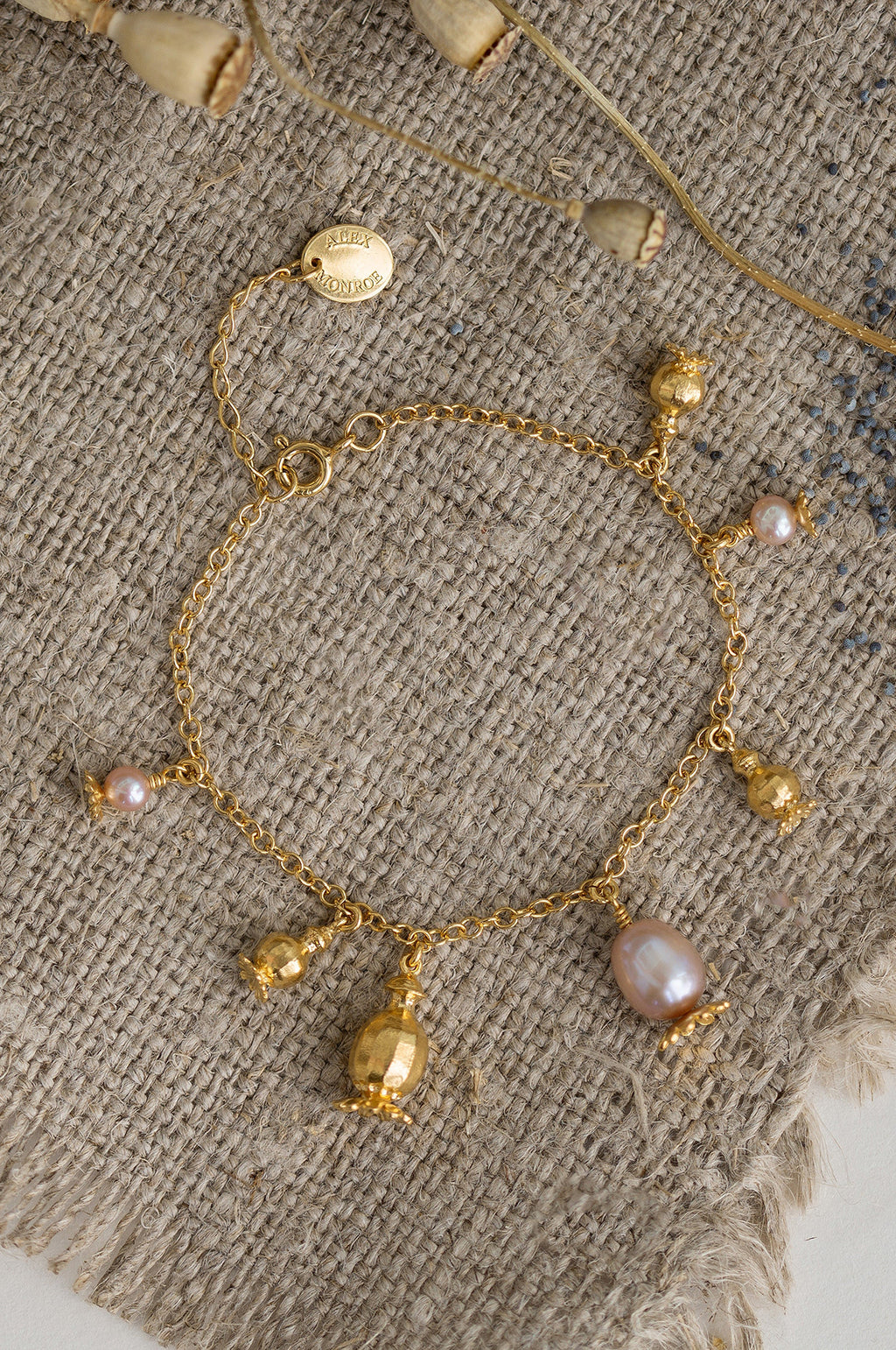Scattered Poppy Head Charm Pink Pearls Bracelet Gold Plate