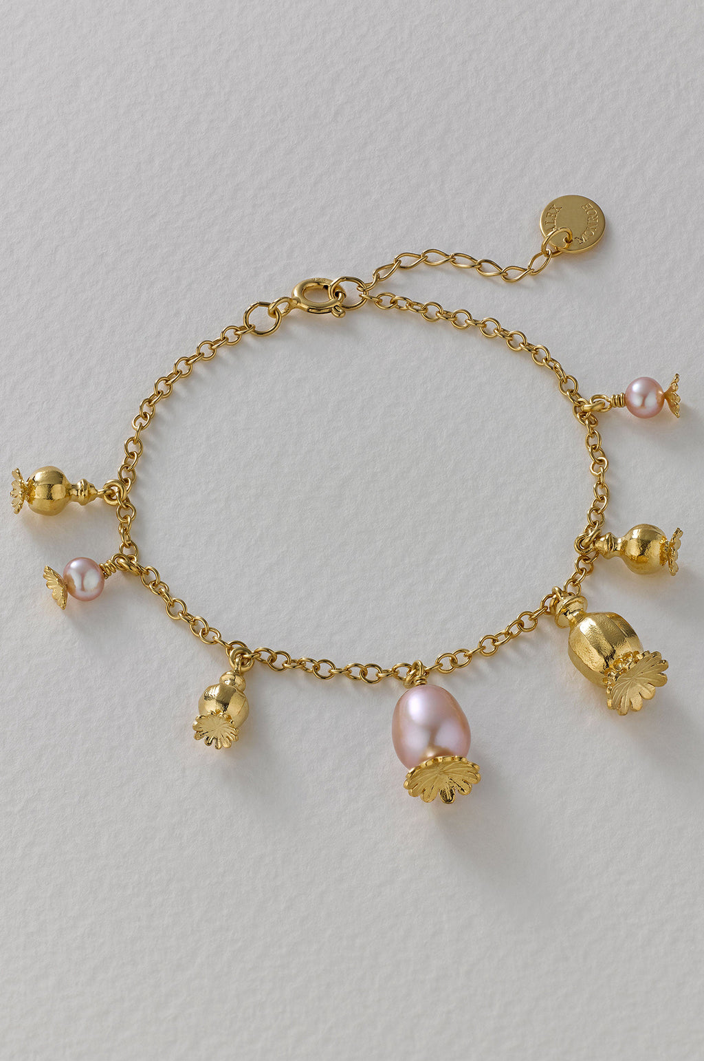 Scattered Poppy Head Charm Pink Pearls Bracelet Gold Plate