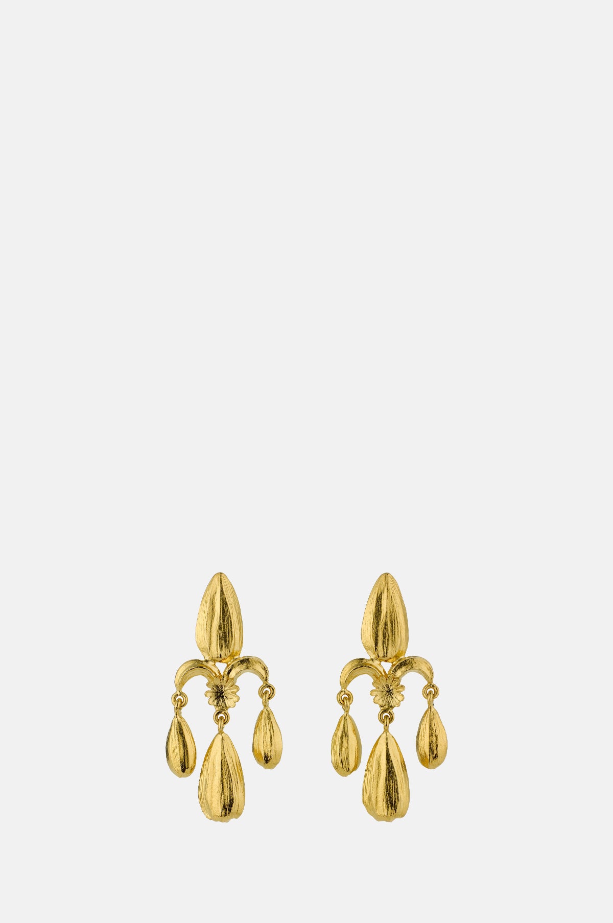 Alex Monroe Sunflower Seed Fleur de Lis Chandelier Earrings Gold Plate.