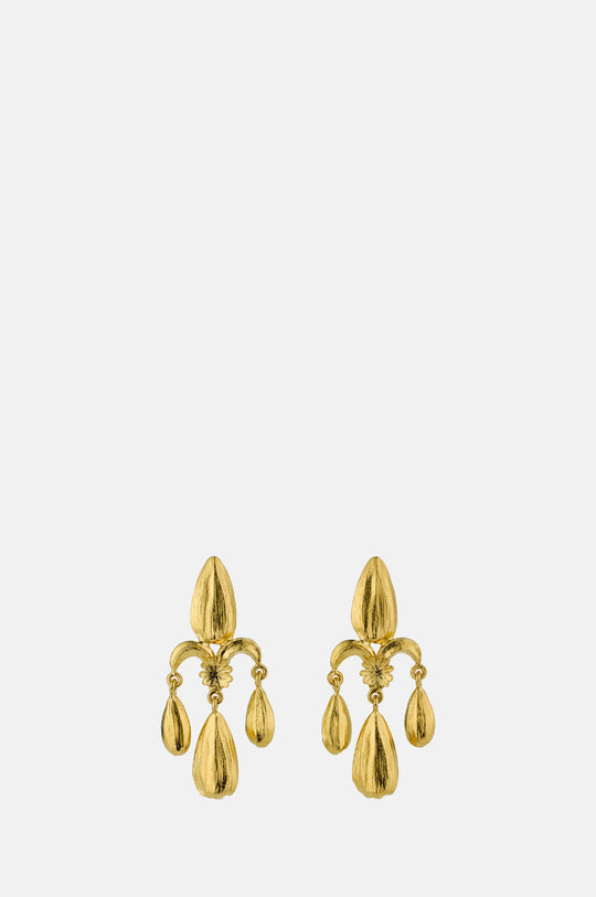 Sunflower Seed Fleur de Lis Chandelier Earrings Gold Plate