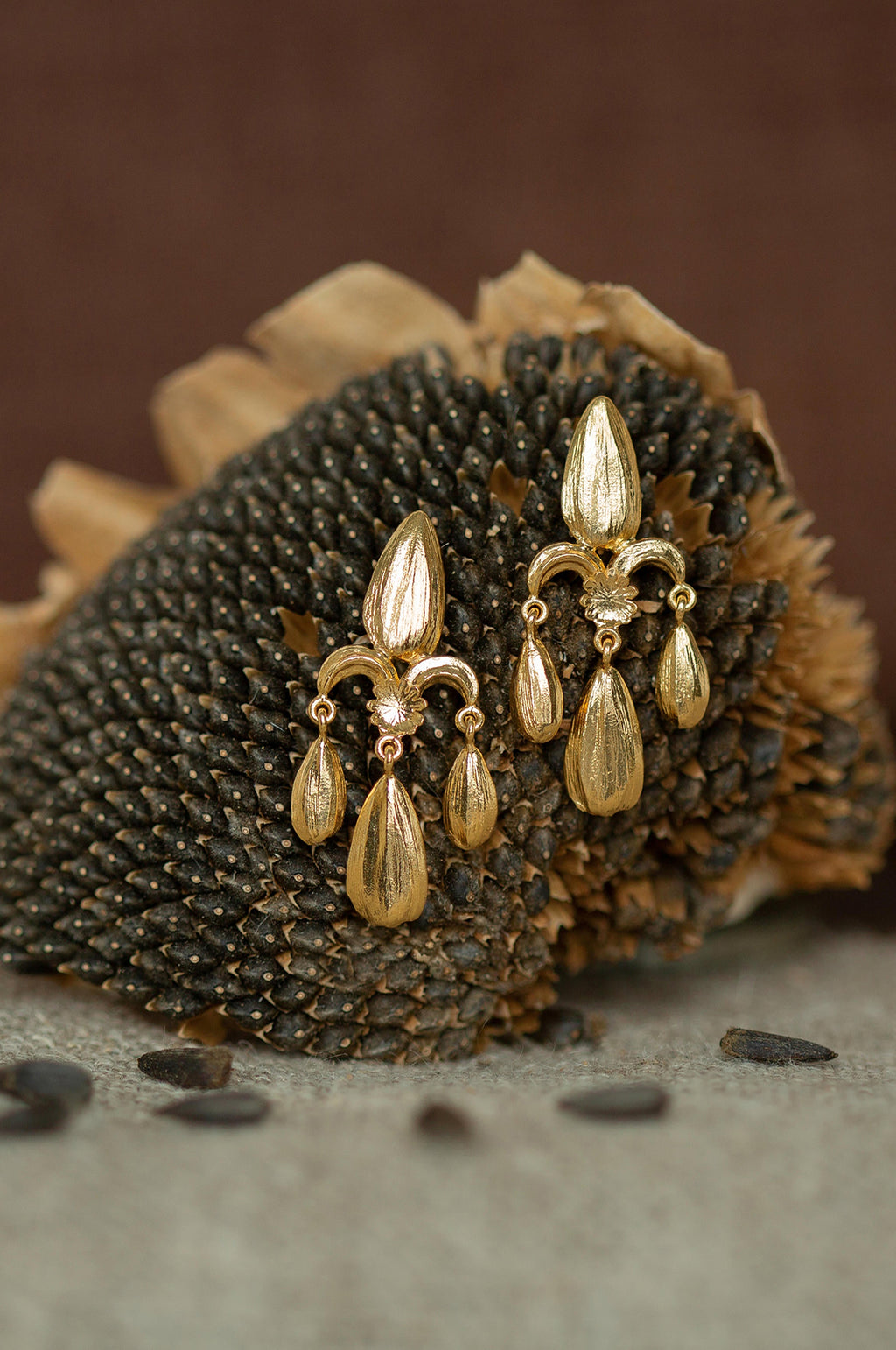 Sunflower Seed Fleur de Lis Chandelier Earrings Gold Plate