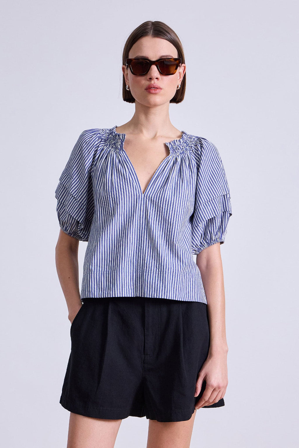 Caminitas Puff Sleeve Top Skinny Stripes Indigo + Cream