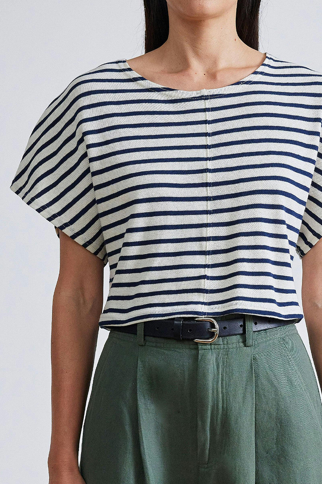 Luju Crop Tee Navy Cream Stripe