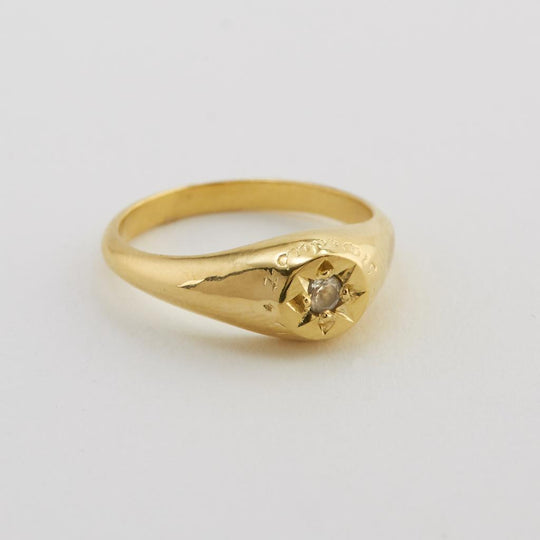 A.M. White Topaz Signet Ring with “A Star to Guide Me” Engraving Gold