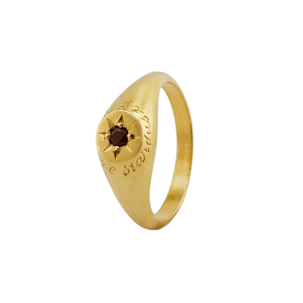 A.M. Garnet Signet Ring with “A Star to Guide Me” Engraving Gold