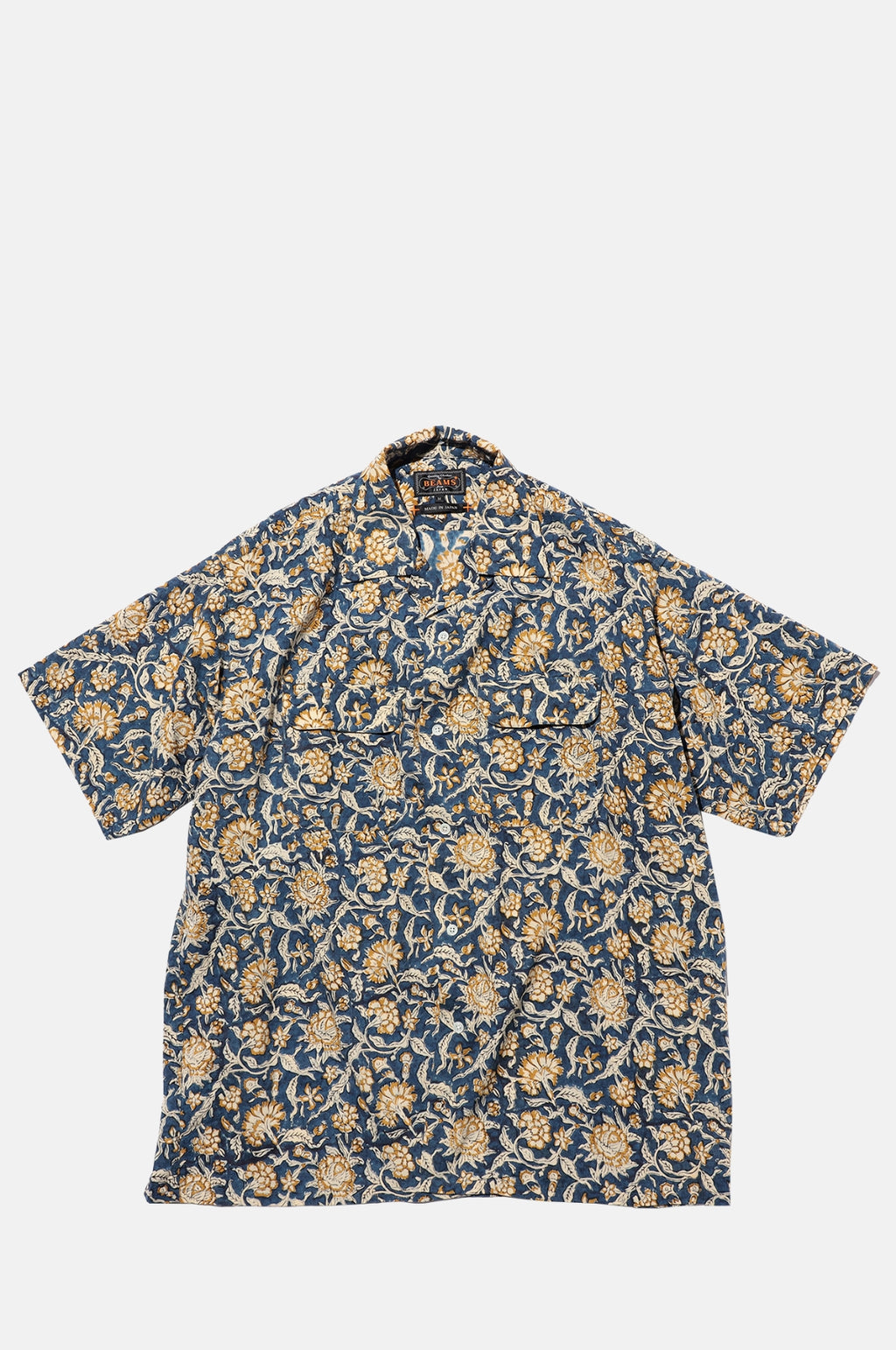 Beams Plus Open Collar Block Print Blue,