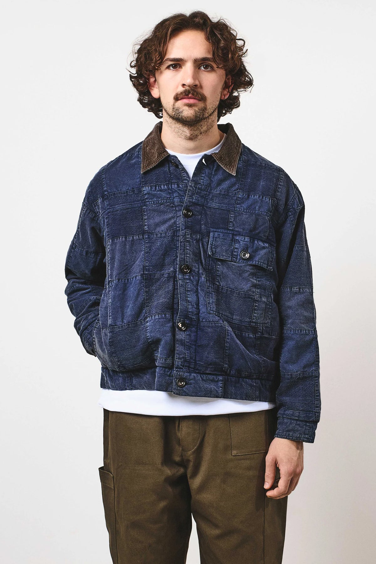 Cafe Mountain Patchwork Workers Jacket Blue And Bark Patchwork.
