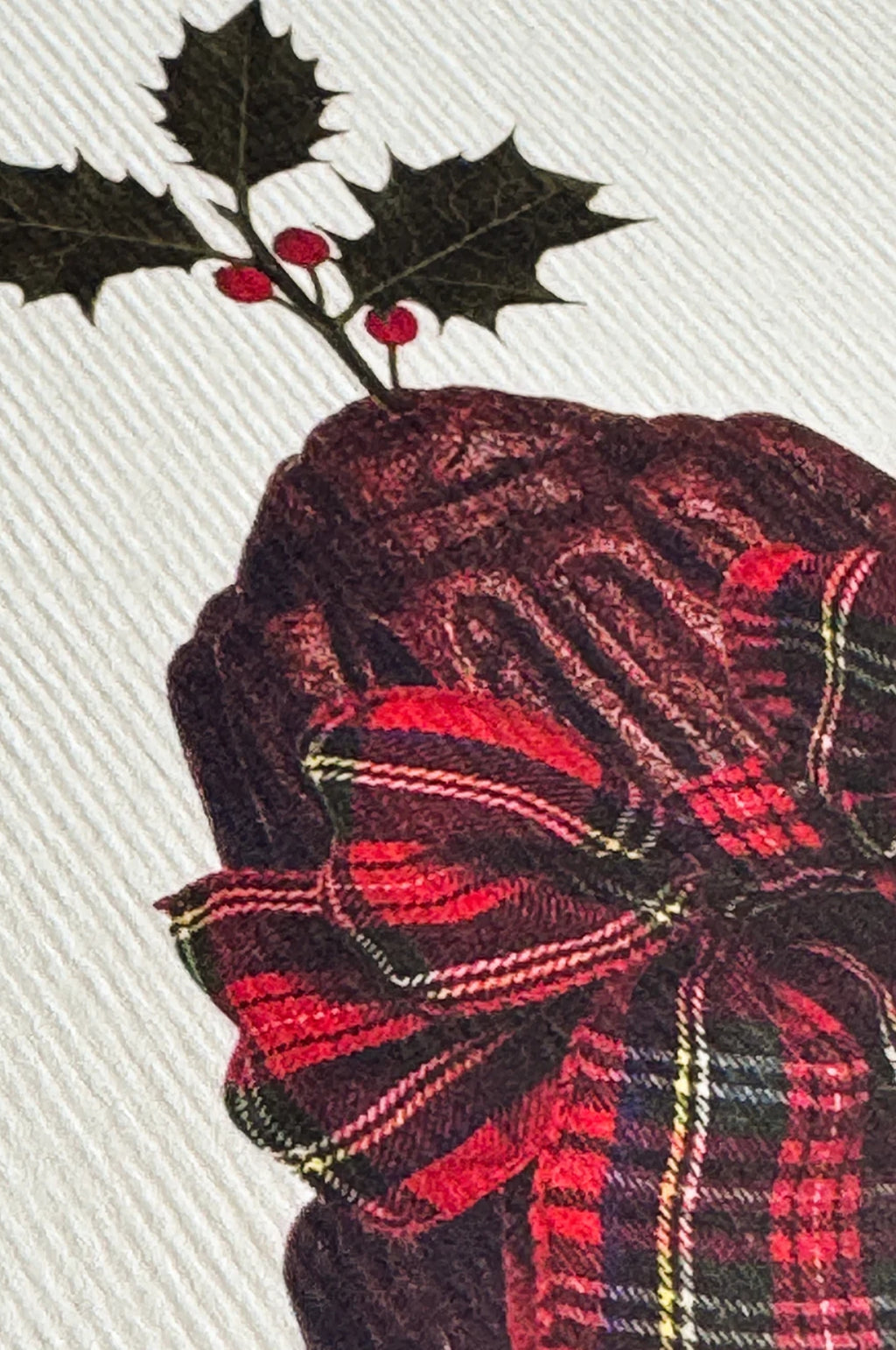 Christmas Plum Pudding Red Tartan Bow Greeting Card