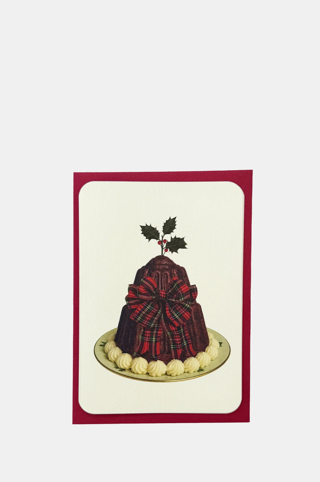 Christmas Plum Pudding Red Tartan Bow Greeting Card