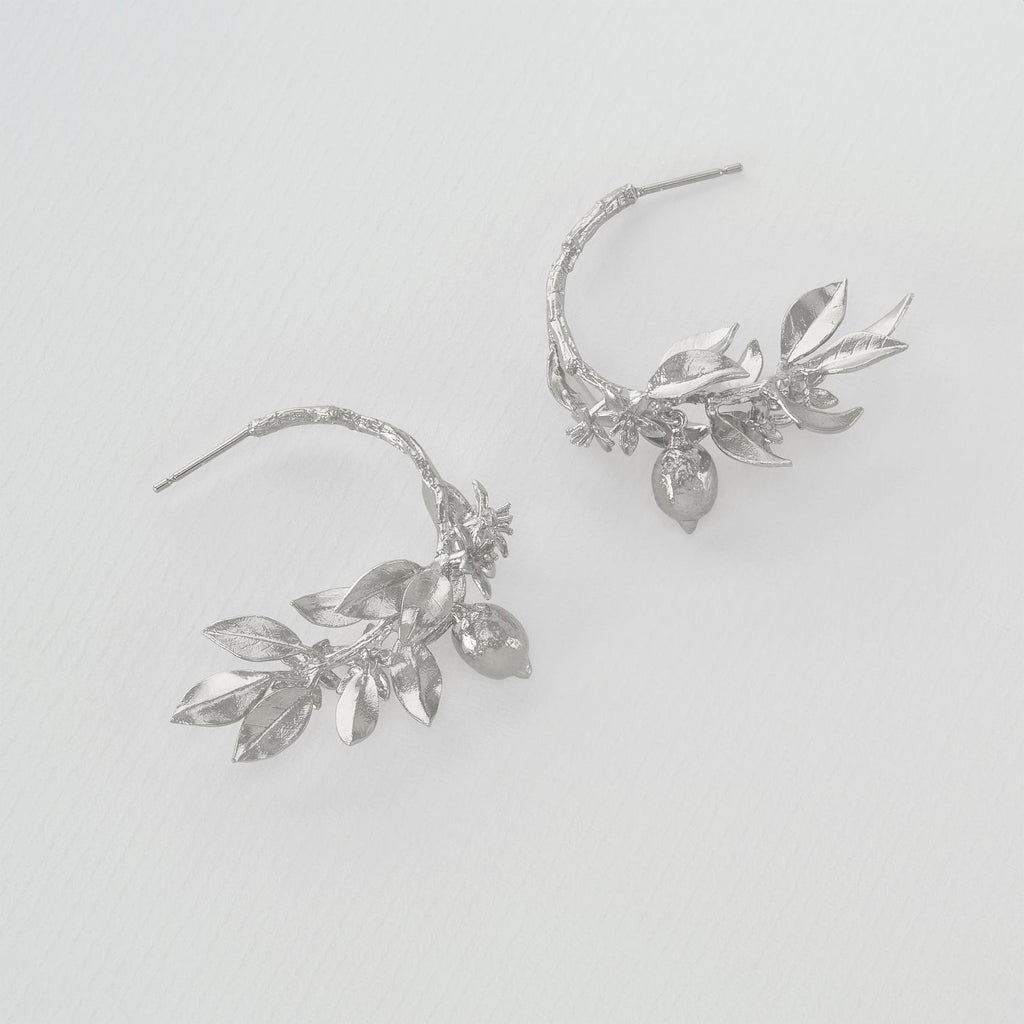 A.M. Lemon Blossom Branch Hoop Earrings with Hanging Lemons Silver