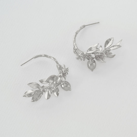 A.M. Lemon Blossom Branch Hoop Earrings with Hanging Lemons Silver