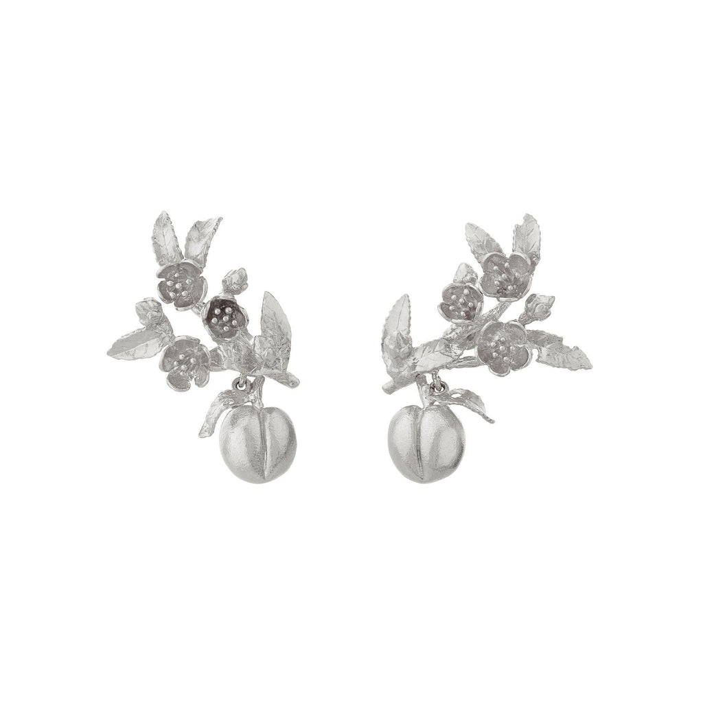 A.M. Peach Blossom Branch Climber Earrings with Hanging Peaches Silver