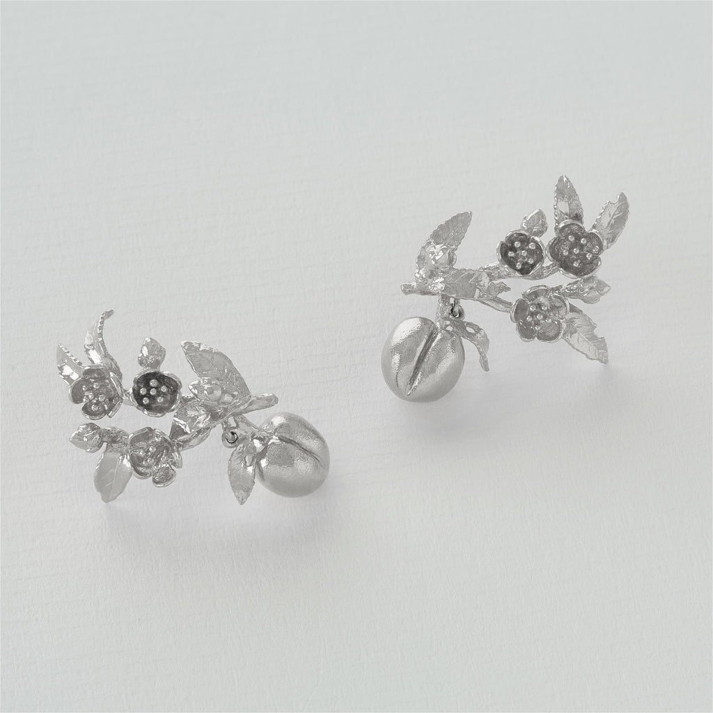 A.M. Peach Blossom Branch Climber Earrings with Hanging Peaches Silver