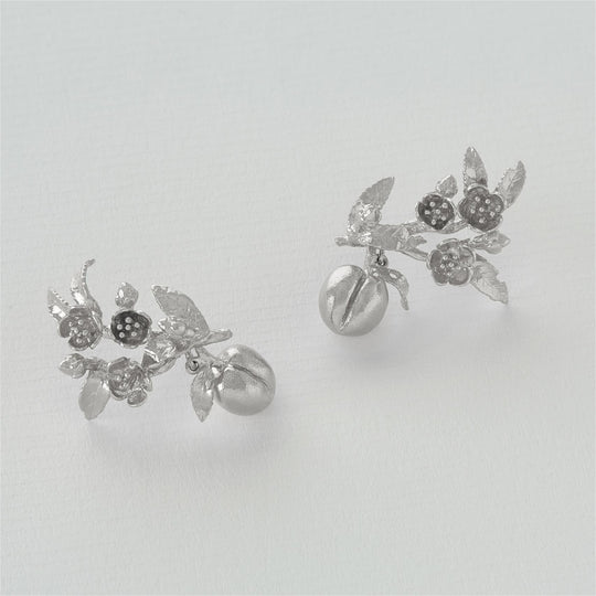 A.M. Peach Blossom Branch Climber Earrings with Hanging Peaches Silver