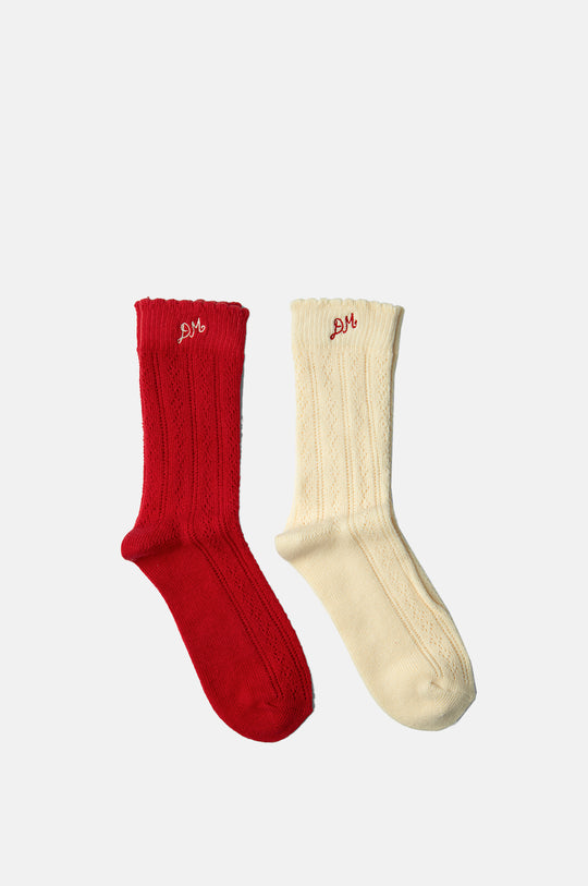 2 Pack Socks Red & Cream Pointelle
