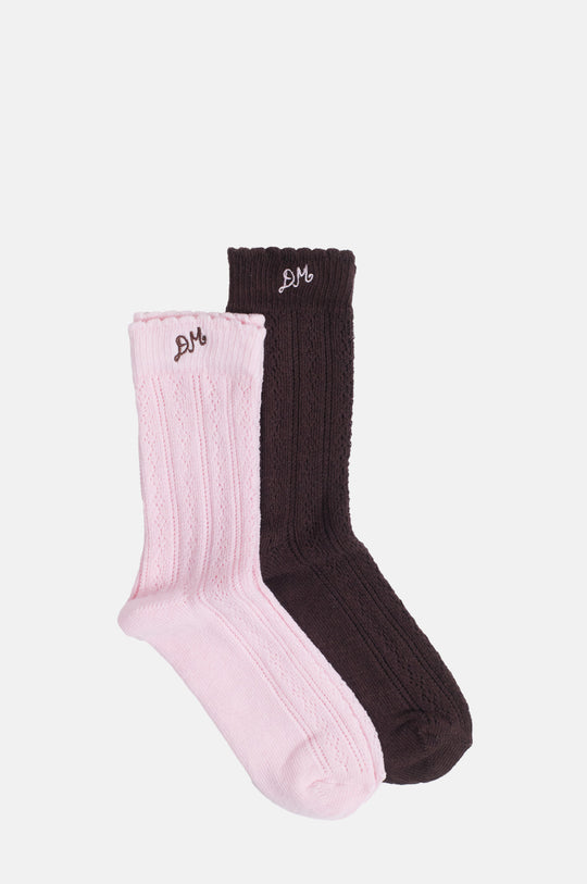 Calf Length 2 Pack Pointelle Socks Choc & Pink